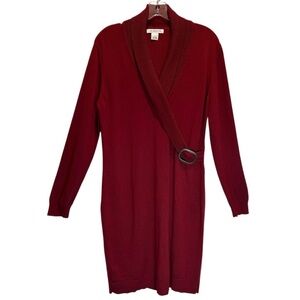 NWOT Liz Claiborne Burgundy Midi Cotton Blend Sweater Dress Wrap Style - Large